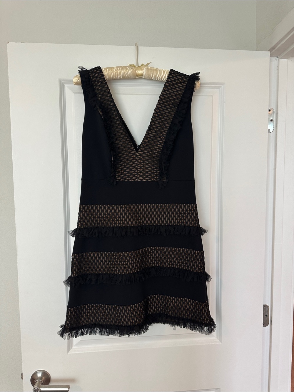 DEEP V-Neck Black Fringe Trim Mini Dress FULLY LINED